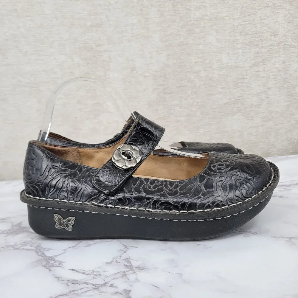 Alegria Paloma Black Rose Embossed Mary Jane Shoes Leather Women's Euro Size 39 - Picture 1 of 12